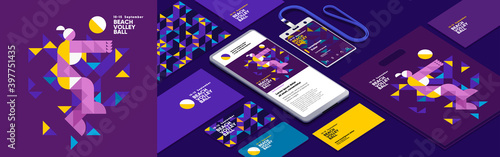 Set of vector illustrations. Illustration for a sporting event, beach volleyball, stylized people playing beach volleyball. Corporate identity, branding, mobile phone, package, postcard, I. D. badge.