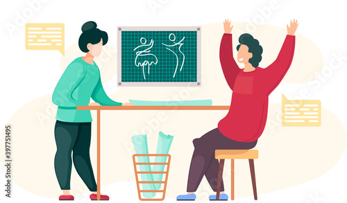 Colleagues in the atelier are working with a future pattern. The models of clothing on the blackboard in the background. Women are communicating in the professional tailoring studio. Sewing a garment