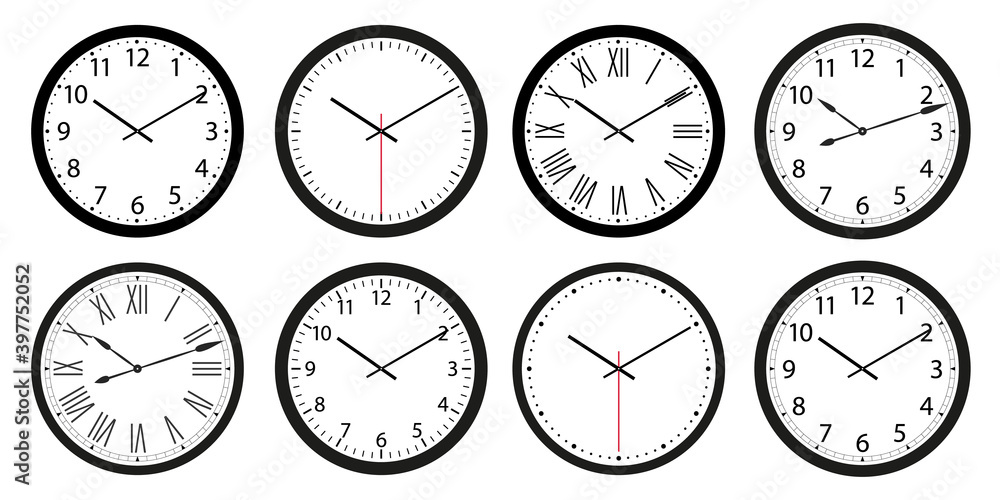 Set of pointer wall clocks with black frame and hands. Flat style