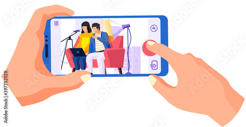Family records clip while sitting on the couch with laptop in hands. People give interviews on camera. Woman with phone in hands is recording a video massage from people vector illustration
