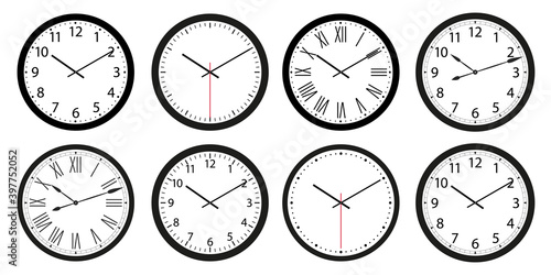 Set of pointer wall clocks with black frame and hands. Flat style vector illustration. Simple classic wall clock with Arabic numbers, with Roman numerals and without numerals isolated on white
