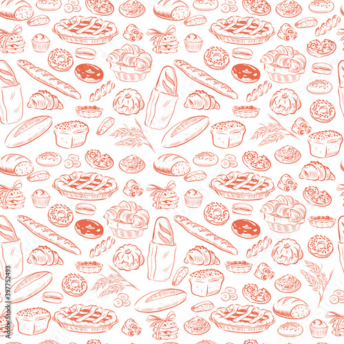 Vector seamless pattern with bakery goods - pie, bread, cookie, donut, croissant - outline isolated objects on white background. Hand drawn sketch style. Vector illustration. Packaging wrapping paper.