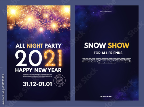Happy new 2021 year flyer design template set with lights and bokeh effect