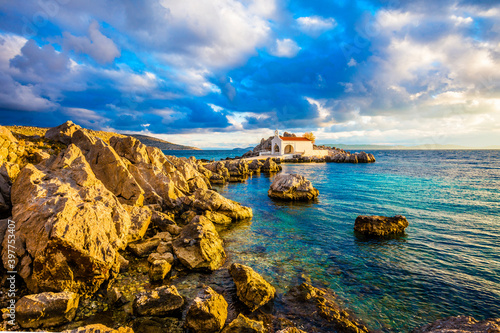 Small chapel view near Aegean Sea in Chios Island of Greece
