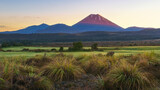 panorama of cone volcano Mount Ngauruhoe at sunrise in New Zealand