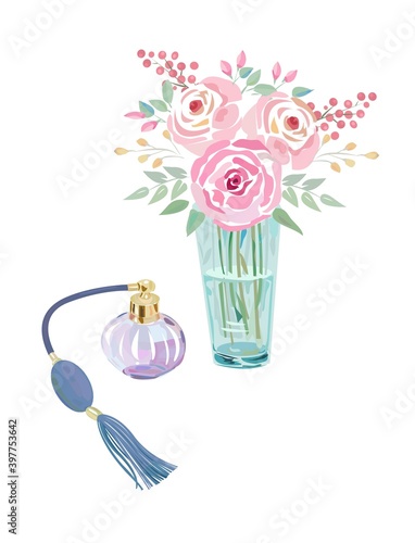 花瓶にいけた花　水彩画風