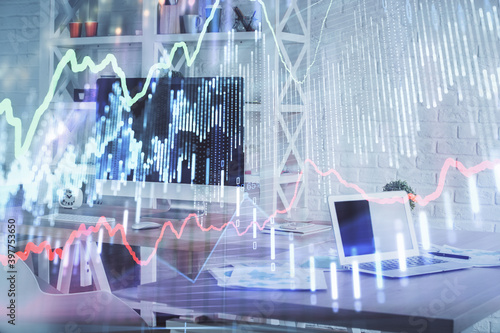 Double exposure of financial graph drawing and office interior background. Concept of stock market.