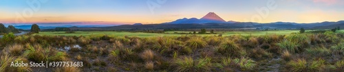 panorama of cone volcano Mount Ngauruhoe at sunrise, New Zealand