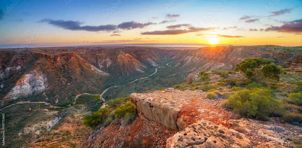 panorama view of sunrise over charles knife canyon, western australia