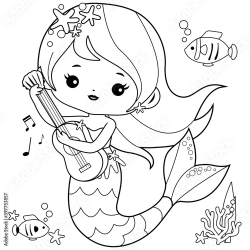 Beautiful mermaid playing music with her guitar. Vector black and white coloring page