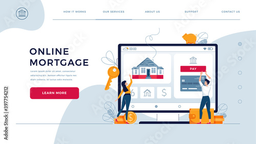 Mortgage online homepage web template. Couple buy a new home, touching the button on screen. Dealing house, property digital purchase, get a loan concept for website. Flat cartoon vector illustration
