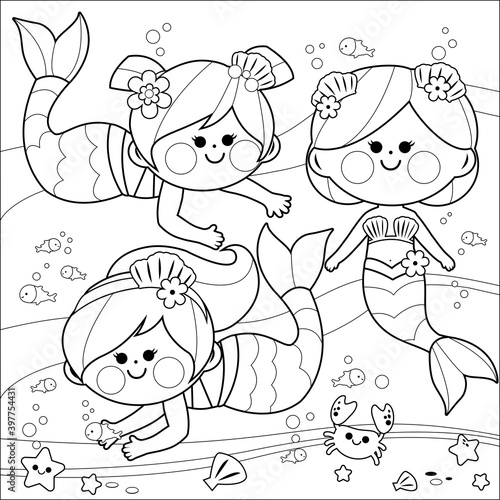 Beautiful mermaids swimming under the sea. Vector black and white coloring page