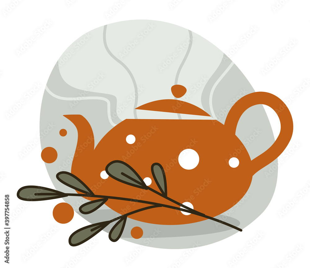 Kettle with hot herbal tea, mint leaves vector Kettle with hot herbal tea, mint leaves vector