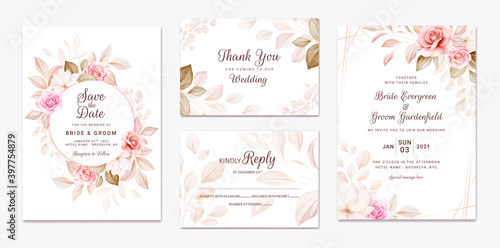 Wedding invitation template set with peach and brown roses flowers and leaves decoration. Botanic card design concept