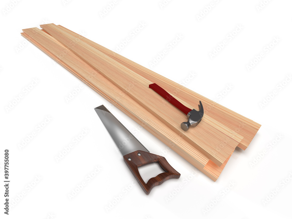 Wooden boards, hacksaw and hammer, 3D rendering Wooden boards, hacksaw and hammer, 3D rendering