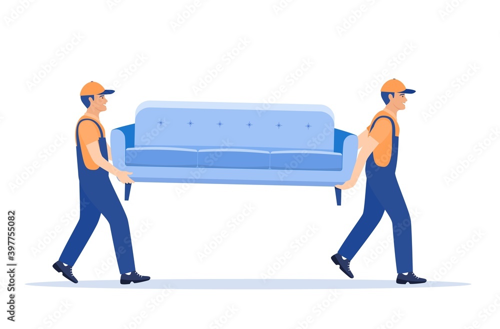 Vektorová grafika „Delivery character man movers carry sofa. Two