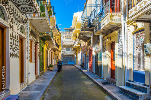 Pirgi village streets in Chios Island, The most interesting feature of Pirgi are the decorative designs the exterior walls of the houses.  © nejdetduzen