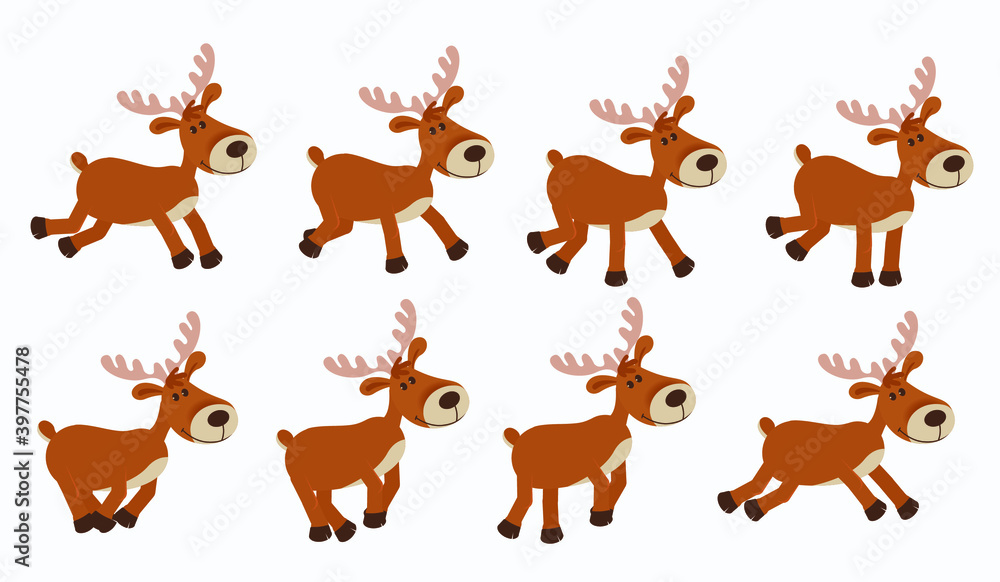 Cute cartoon deer. New Year Christmas character jumps or runs gallop, cycle for 2d animation.