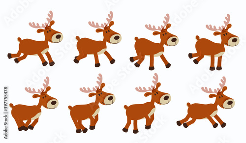 Cute cartoon deer. New Year Christmas character jumps or runs gallop, cycle for 2d animation.