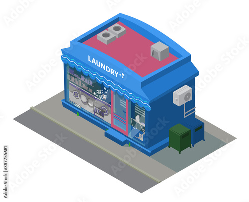 Vector Isometric Laundry Building With Washing Machines In Shoscase. Isometric City Building.