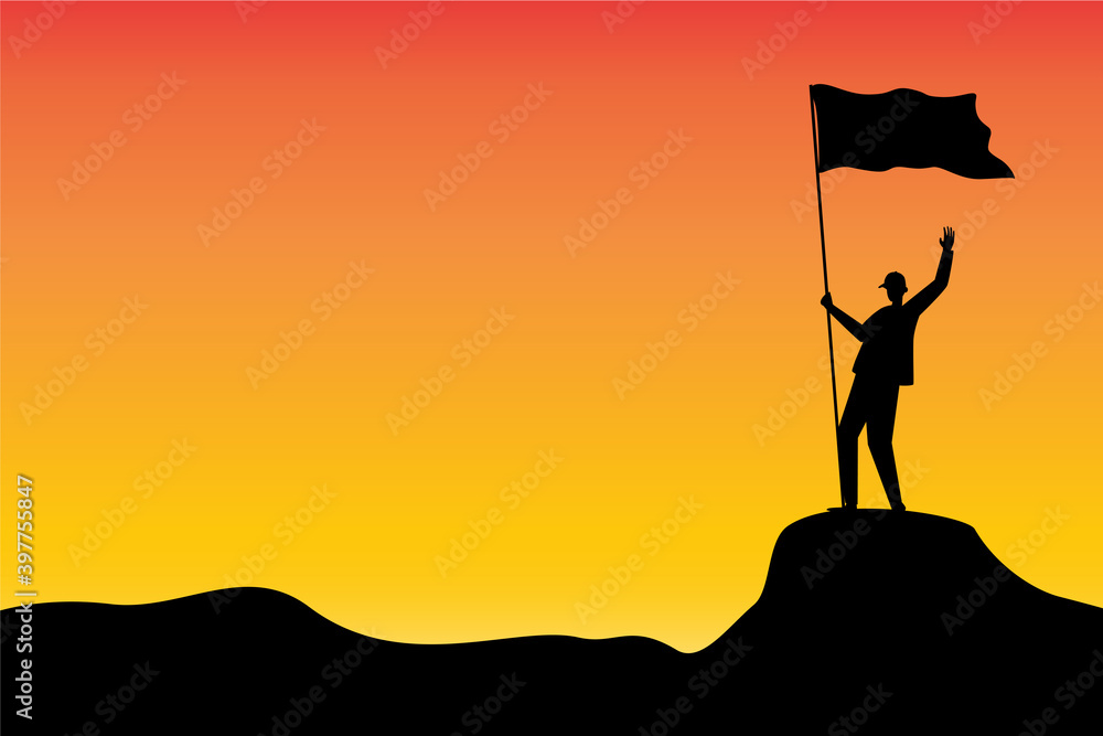 Silhouette of young man standing on top of the mountain with hands up with flag on golden sunrise background, success, achievement and winning concept illustration. victory concept, holding a flag,