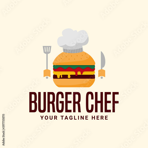 unique chef burger logo, hamberger vector illustration with chef hat combination, hand holding spatula and knife