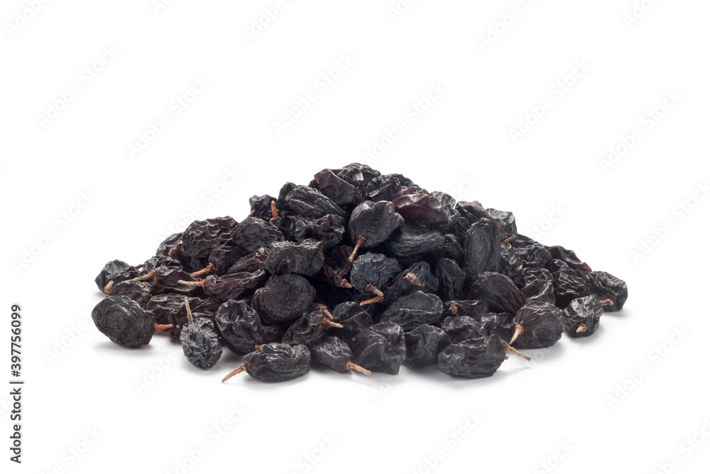 Pile of black currant raisins isolated on white background Pile of black currant raisins isolated on white background