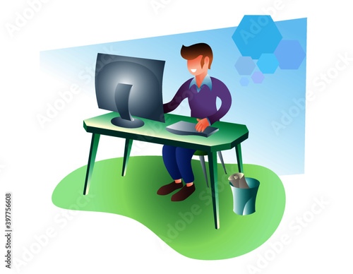 Man works on the computer