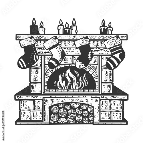 christmas fireplace with Christmas stocking sketch engraving vector illustration. T-shirt apparel print design. Scratch board imitation. Black and white hand drawn image.