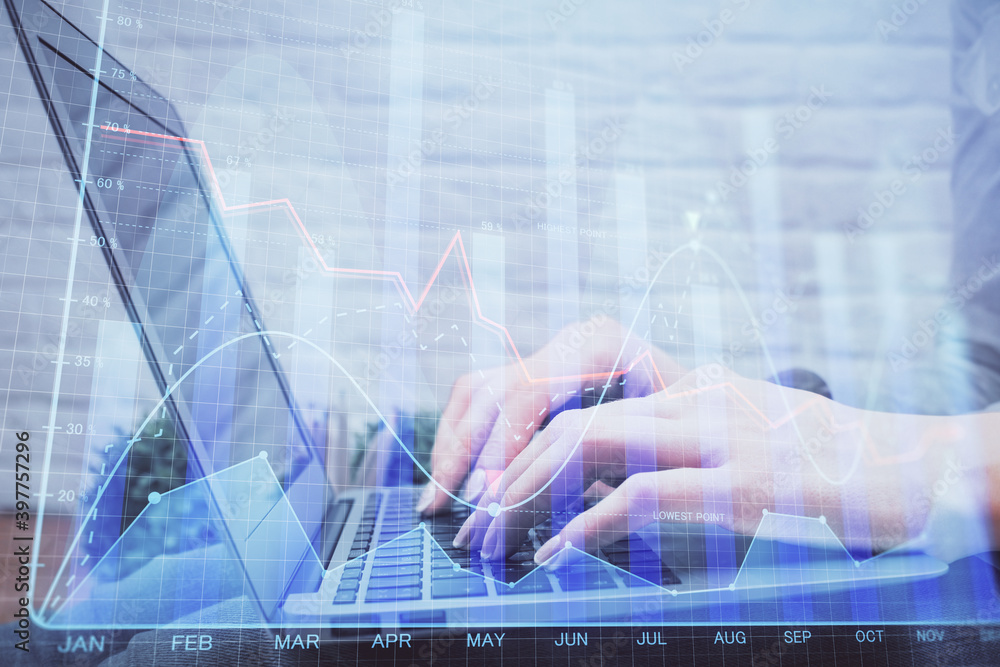 Multi exposure of woman hands typing on computer and forex chart hologram drawing. Stock market analysis concept. Multi exposure of woman hands typing on computer and forex chart hologram drawing. Stock market analysis concept.