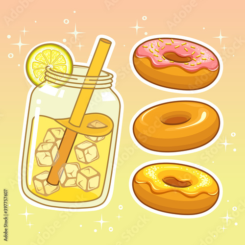 Beverages with sweetmeats. Hand drawn set collection.