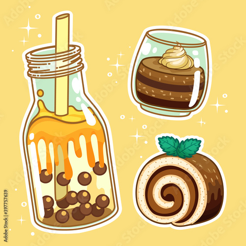 Beverages with sweetmeats. Hand drawn set collection.