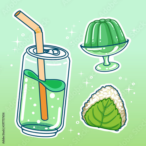 Beverages with sweetmeats. Hand drawn set collection.