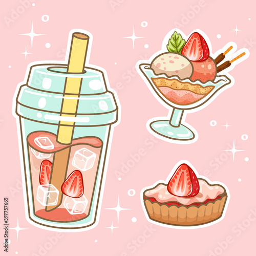 Beverages with sweetmeats. Hand drawn set collection.