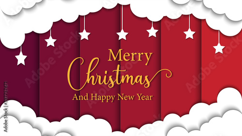 Merry christmas and happy new year paper art greeting card illustration Free Vector