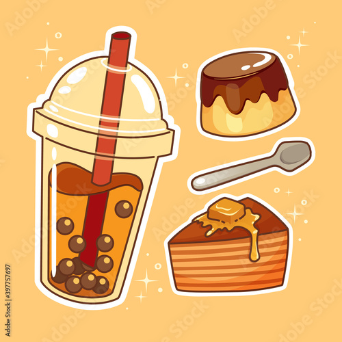Beverages with sweetmeats. Hand drawn set collection.