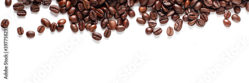 Coffee beans banner isolated on white background with space for your text. Top view. 