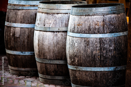 Old wooden wine barrels are authentic