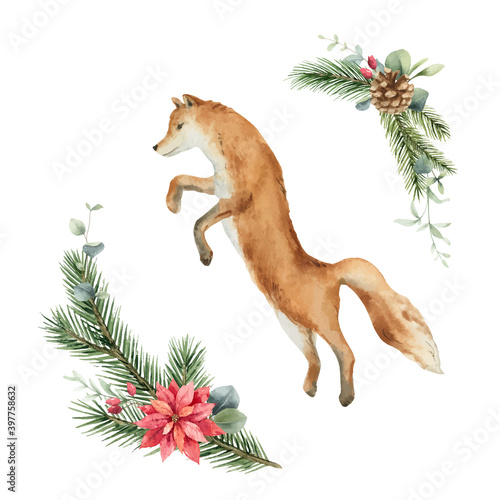 Watercolor vector Christmas card with fox and fir branches.