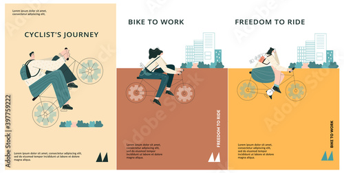 Set of trendy people on bike. Collection of editable template for poster, card, invitation, flyer, cover, banner, brochure design. Bicycling in city, urban hipster flat cartoon vector illustration