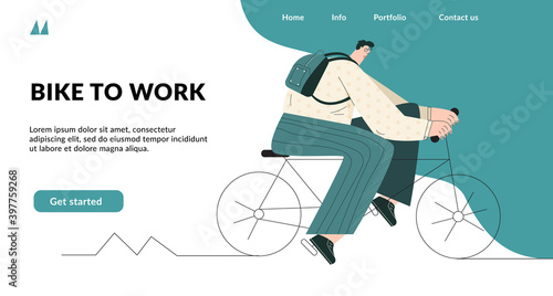 Bike to work. Modern man in suit is riding on bike in a city street.  Urban hipster bicycles. Active business person. Social media landing page heading concept. Template for website, poster, banner