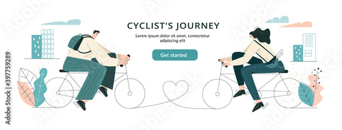 Bicycling in city. Meet and relationship on bike. Modern couple cycling commute to date. Urban hipster. Social media landing page concept. Template for website. Flat vector illustration with character