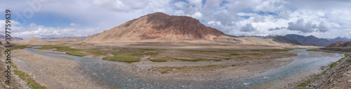 Panoramic view of colorful high-altitude desert with river on the Pamir Highway between Murghab and Ak Baital pass, Gorno-Badakshan, Tajikistan along the China border