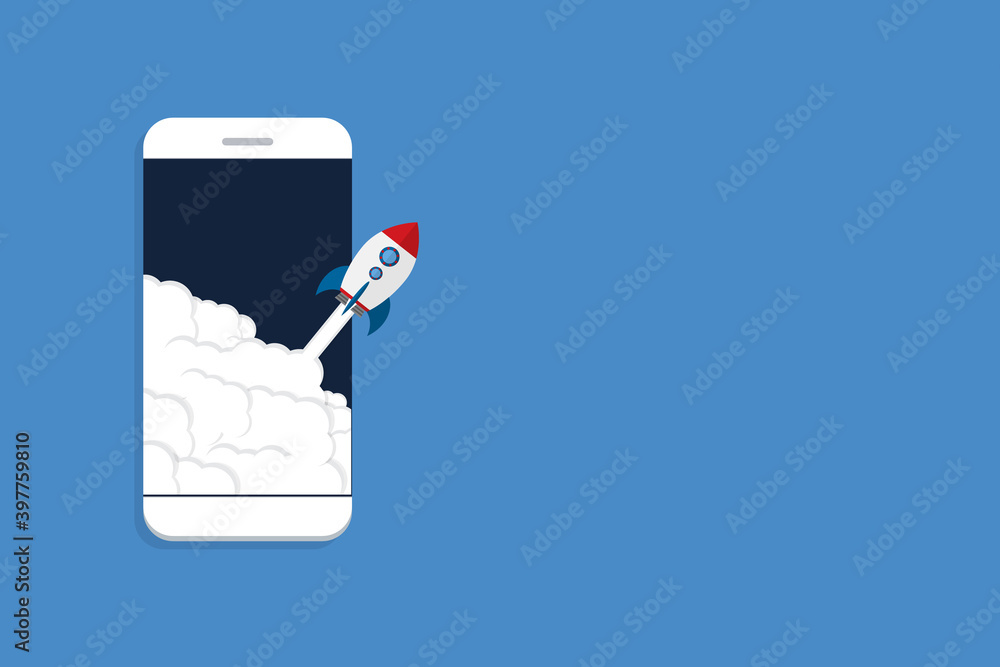 App launch. Startup vector concept, flat cartoon rocket or rocketship ...