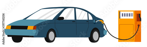 Car on gas station, refilling with gasoline vector