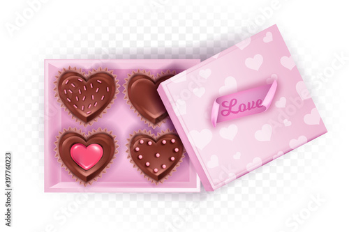 Opened chocolate candy Valentine’s Day square box layout with heart-shaped sweets or biscuits, lid. Holiday February romantic surprise illustration with love sticker, cupcakes, dessert. Pink candy box