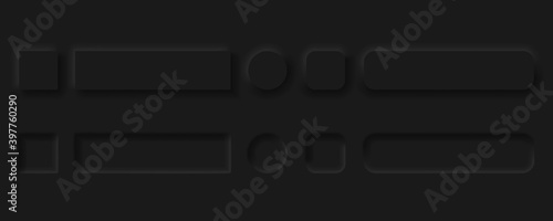 Vector editable neomorphic buttons set. Sliders for websites, mobile menu, navigation and apps. Simple elegant Neomorphism trendy 2020 designs element UI components isolated on black background