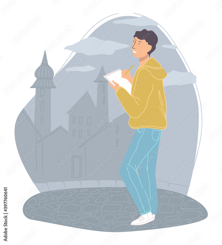 Male character sketching castles or cityscape Male character sketching castles or cityscape