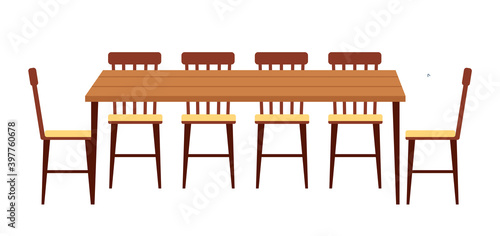 The dining room design flat vector illustration. Wooden dining table with chairs nearby. Furniture model made of wood for the interior of a room for eating. Arrangement of furniture at home