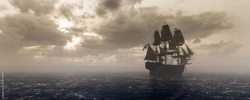Naklejka premium Pirate ship sailing on the ocean. Stormy clouds